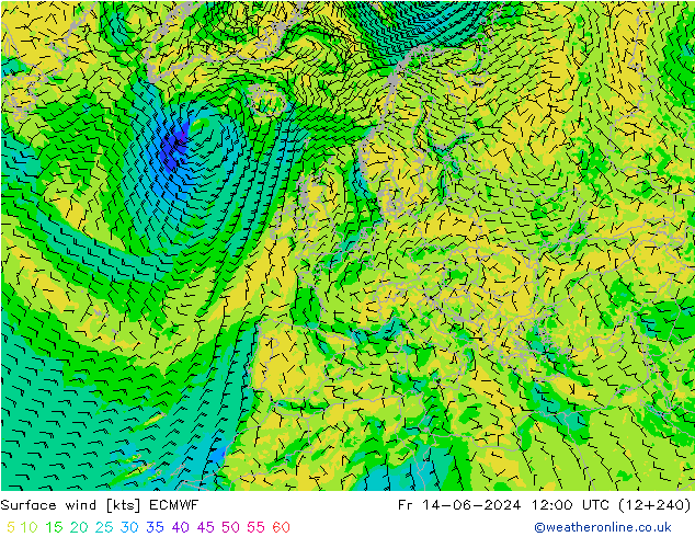 Vento 10 m ECMWF ven 14.06.2024 12 UTC