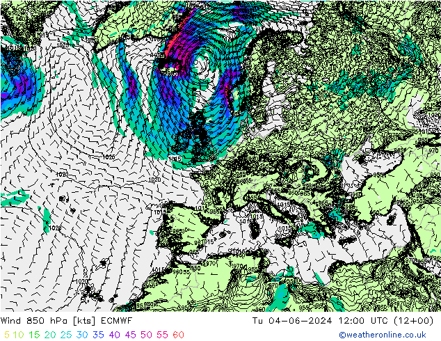 Wind 850 hPa ECMWF Út 04.06.2024 12 UTC