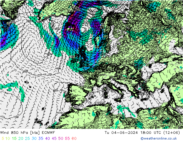 Wind 850 hPa ECMWF Tu 04.06.2024 18 UTC