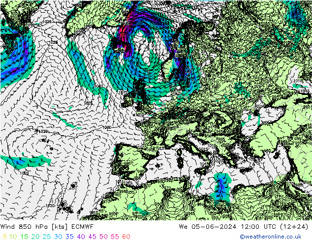 Wind 850 hPa ECMWF Mi 05.06.2024 12 UTC