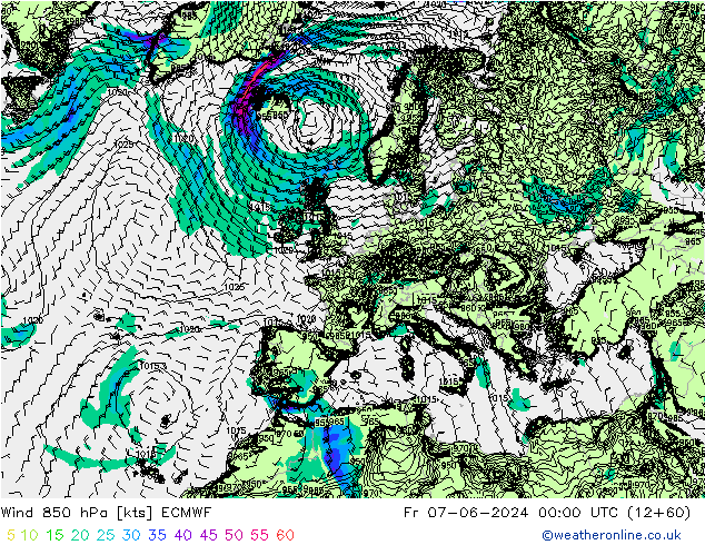 Vento 850 hPa ECMWF ven 07.06.2024 00 UTC