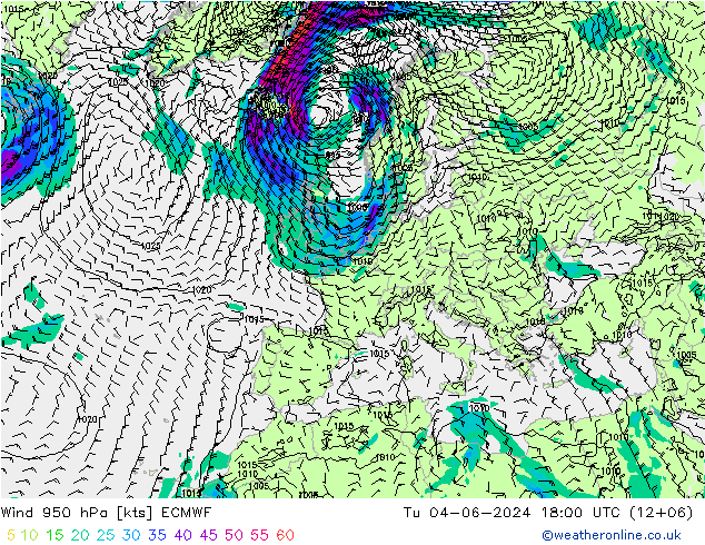 Wind 950 hPa ECMWF Tu 04.06.2024 18 UTC