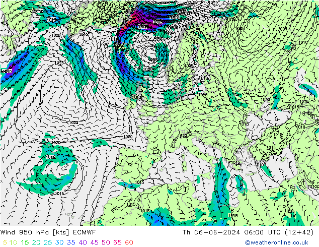 Rüzgar 950 hPa ECMWF Per 06.06.2024 06 UTC