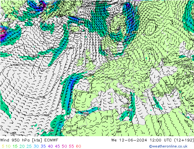 Wind 950 hPa ECMWF We 12.06.2024 12 UTC