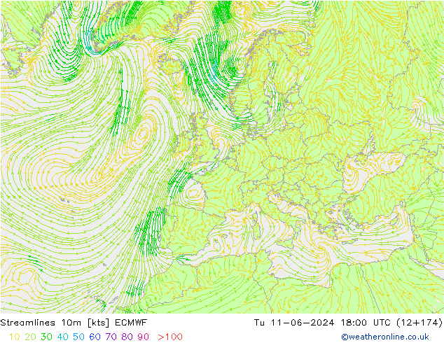 Streamlines 10m ECMWF Tu 11.06.2024 18 UTC