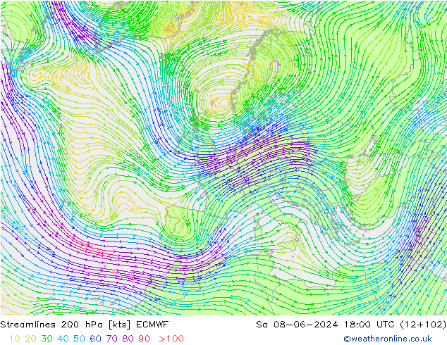 Linha de corrente 200 hPa ECMWF Sáb 08.06.2024 18 UTC