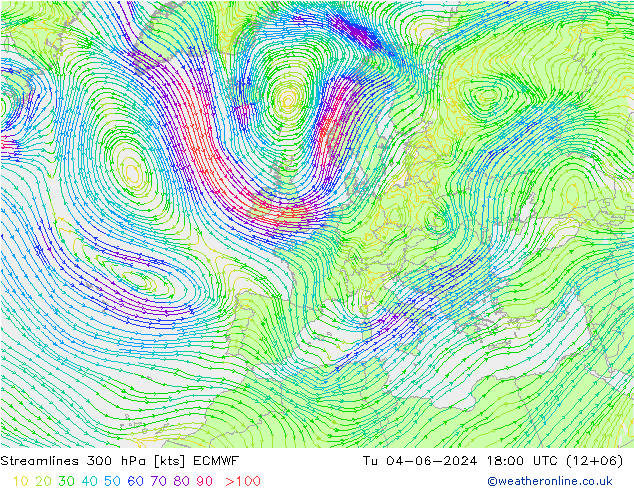 Ligne de courant 300 hPa ECMWF mar 04.06.2024 18 UTC