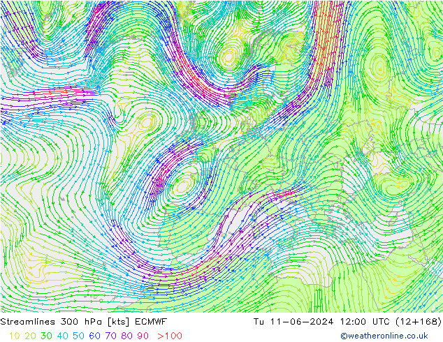 Línea de corriente 300 hPa ECMWF mar 11.06.2024 12 UTC