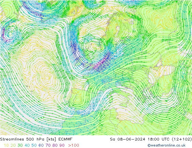 Línea de corriente 500 hPa ECMWF sáb 08.06.2024 18 UTC