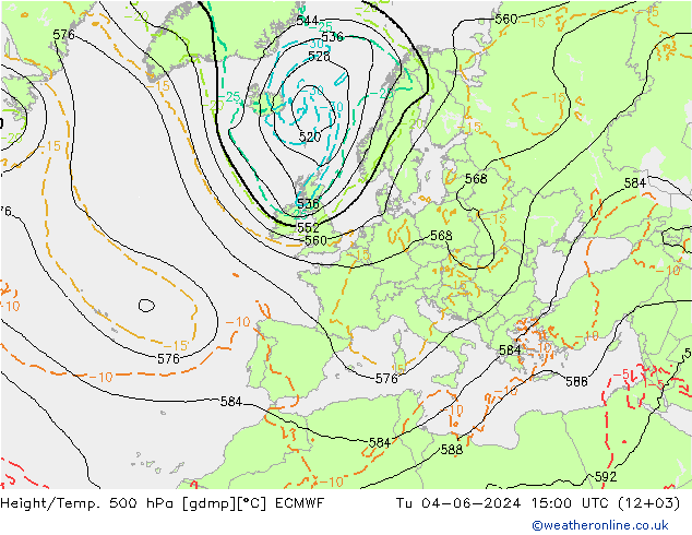 Height/Temp. 500 hPa ECMWF Tu 04.06.2024 15 UTC