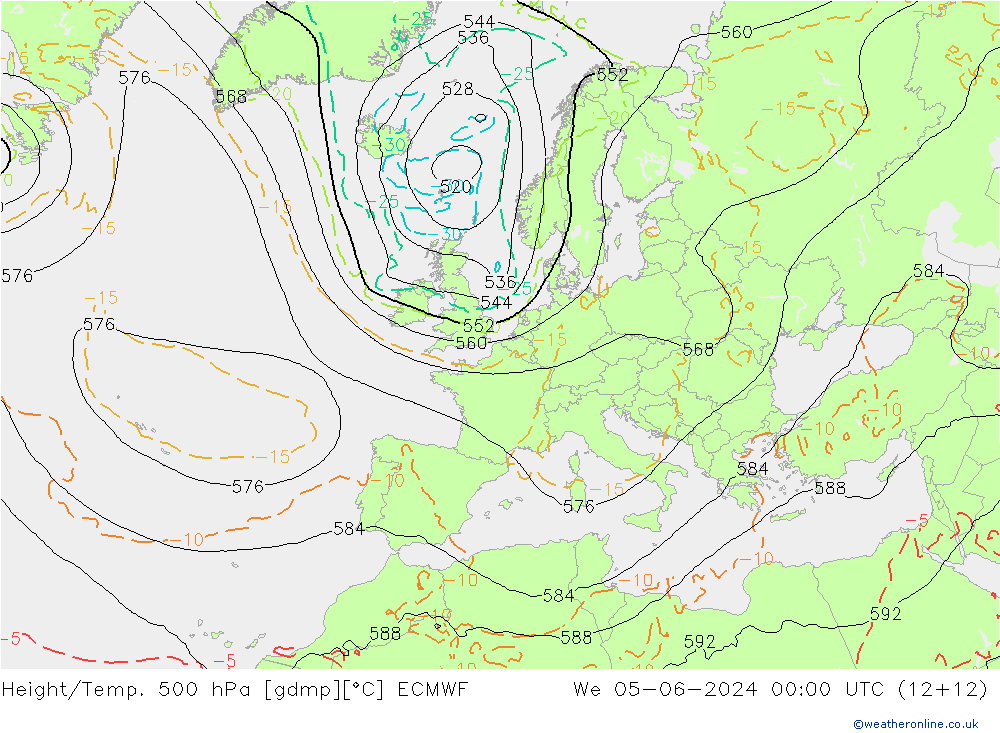 Height/Temp. 500 hPa ECMWF Mi 05.06.2024 00 UTC