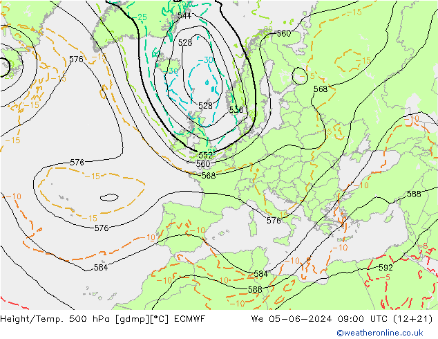 Hoogte/Temp. 500 hPa ECMWF wo 05.06.2024 09 UTC