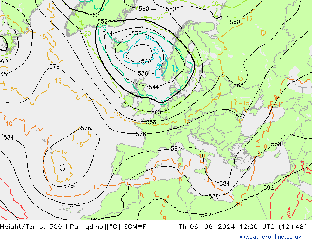 Z500/Rain (+SLP)/Z850 ECMWF Th 06.06.2024 12 UTC