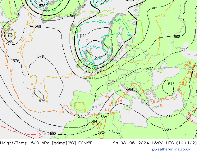 Height/Temp. 500 hPa ECMWF Sáb 08.06.2024 18 UTC