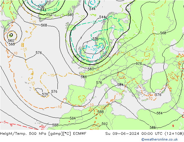 Height/Temp. 500 гПа ECMWF Вс 09.06.2024 00 UTC