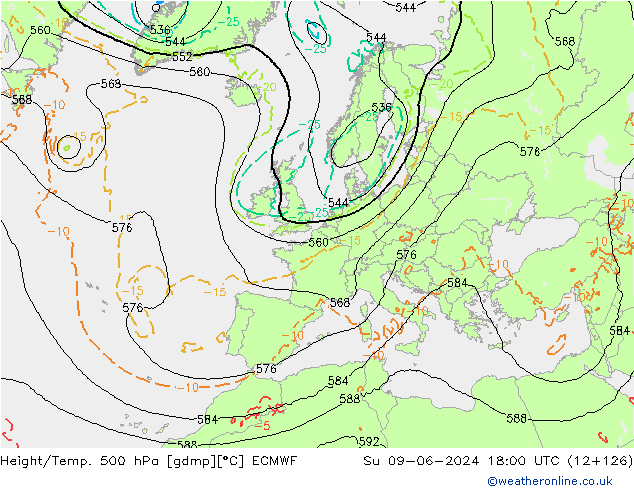 Z500/Regen(+SLP)/Z850 ECMWF zo 09.06.2024 18 UTC