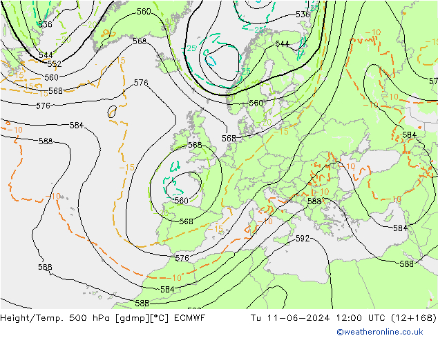 Z500/Rain (+SLP)/Z850 ECMWF Tu 11.06.2024 12 UTC