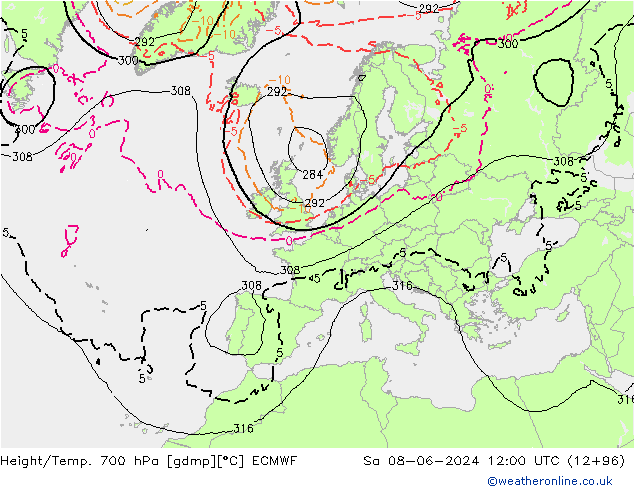 Height/Temp. 700 hPa ECMWF Sa 08.06.2024 12 UTC