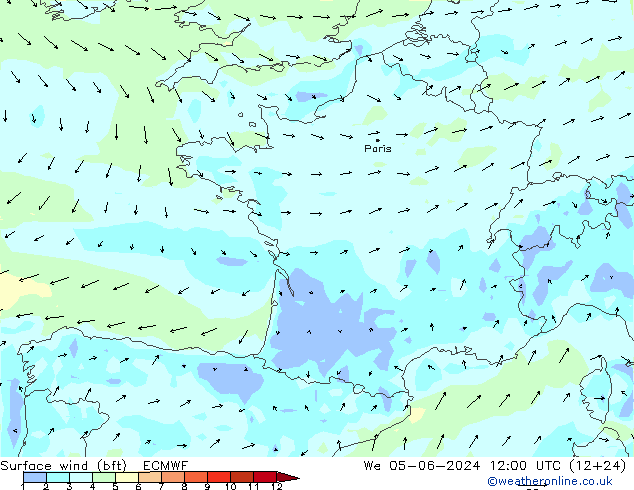 Viento 10 m (bft) ECMWF mié 05.06.2024 12 UTC