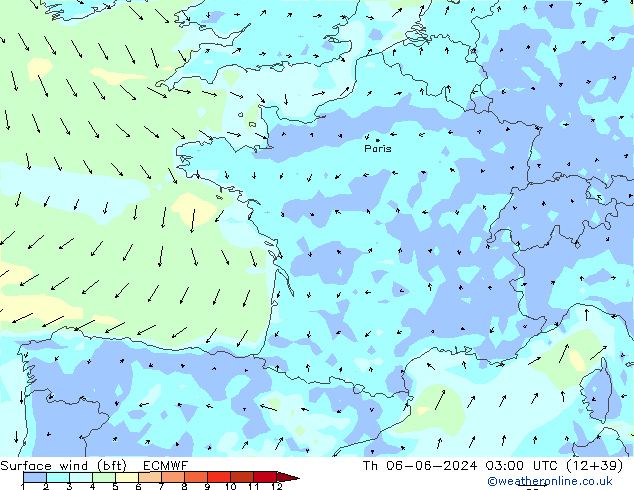 Vento 10 m (bft) ECMWF Qui 06.06.2024 03 UTC