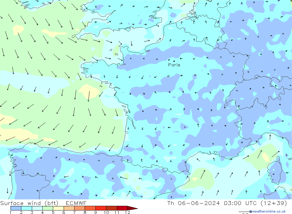 Rüzgar 10 m (bft) ECMWF Per 06.06.2024 03 UTC