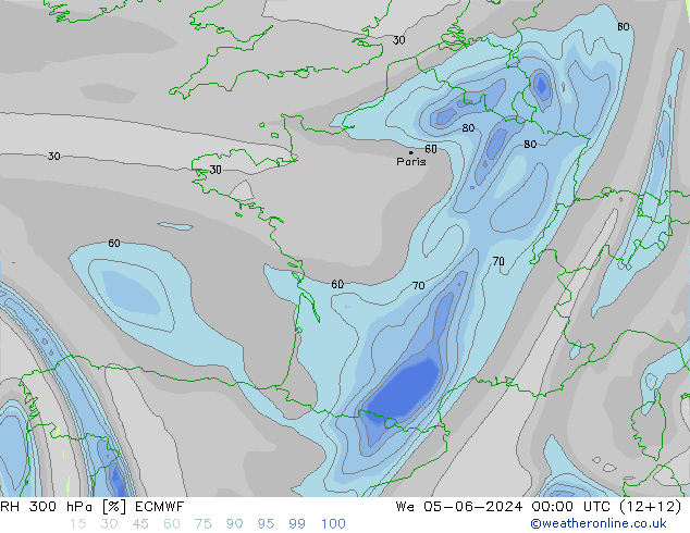 RH 300 hPa ECMWF Mi 05.06.2024 00 UTC