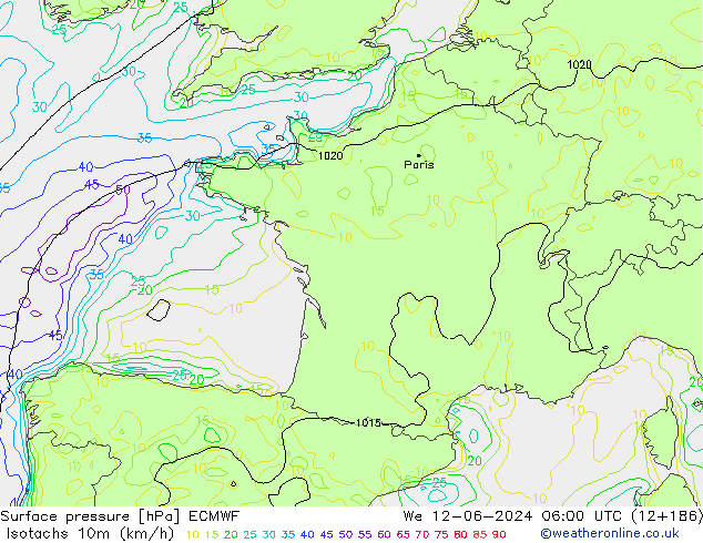 Isotachs (kph) ECMWF St 12.06.2024 06 UTC