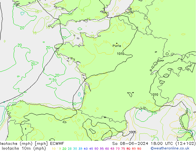Isotachs (mph) ECMWF Sáb 08.06.2024 18 UTC