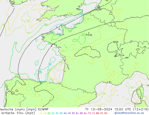 Isotachen (mph) ECMWF do 13.06.2024 12 UTC