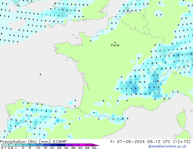 Z500/Rain (+SLP)/Z850 ECMWF Fr 07.06.2024 12 UTC