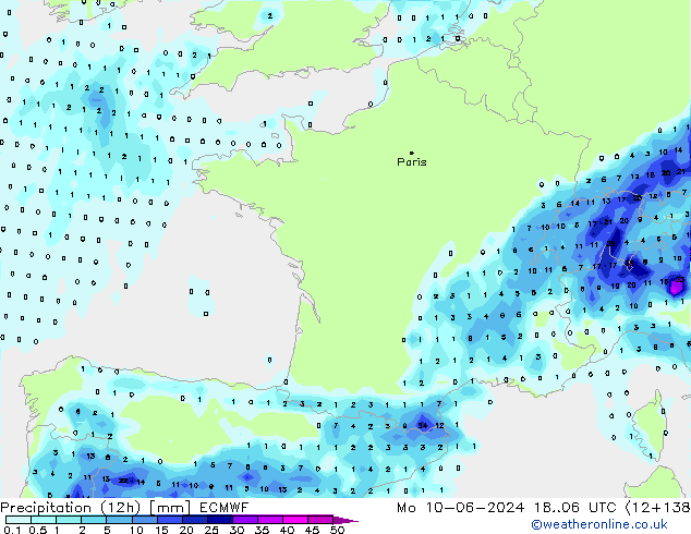 Totale neerslag (12h) ECMWF ma 10.06.2024 06 UTC