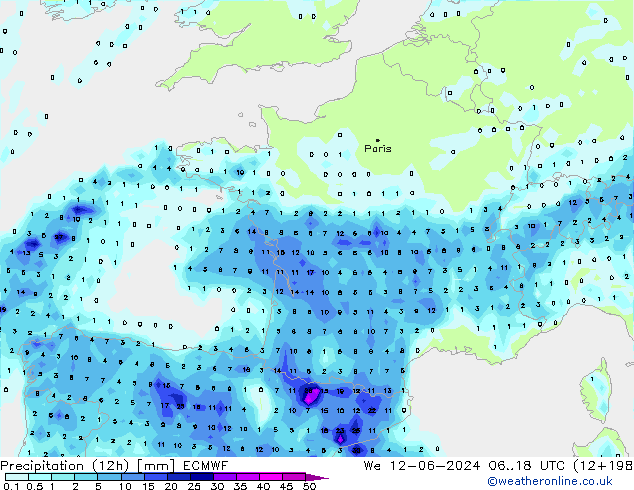 Precipitation (12h) ECMWF We 12.06.2024 18 UTC