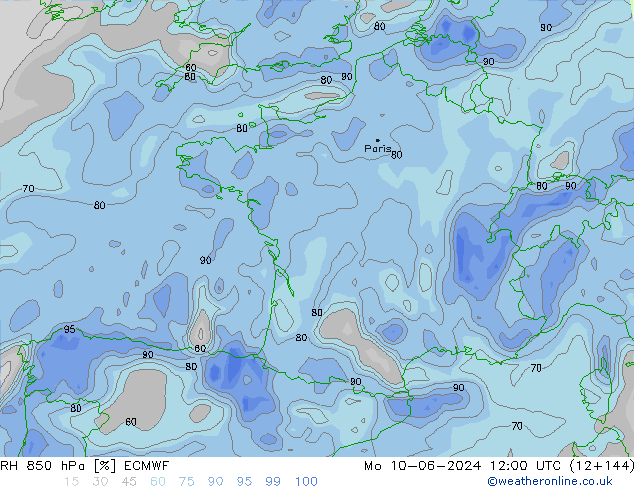 RH 850 hPa ECMWF Mo 10.06.2024 12 UTC