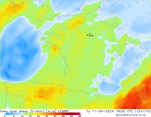 Deep layer shear (0-6km) ECMWF Út 11.06.2024 18 UTC