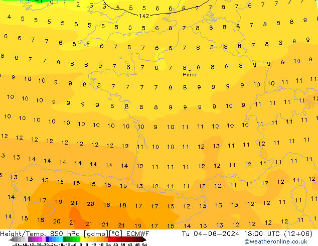 Height/Temp. 850 hPa ECMWF wto. 04.06.2024 18 UTC