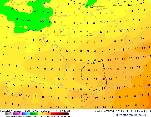 Z500/Rain (+SLP)/Z850 ECMWF nie. 09.06.2024 12 UTC