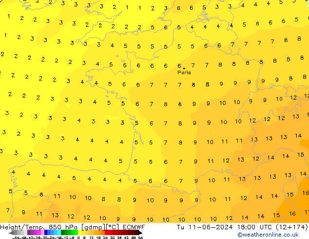 Géop./Temp. 850 hPa ECMWF mar 11.06.2024 18 UTC