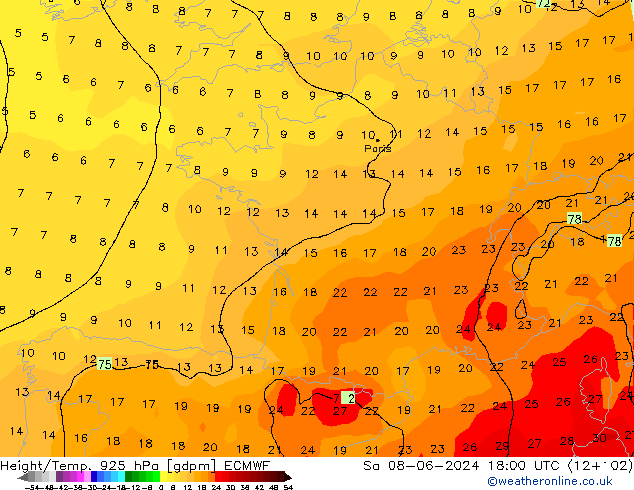 Height/Temp. 925 hPa ECMWF Sa 08.06.2024 18 UTC