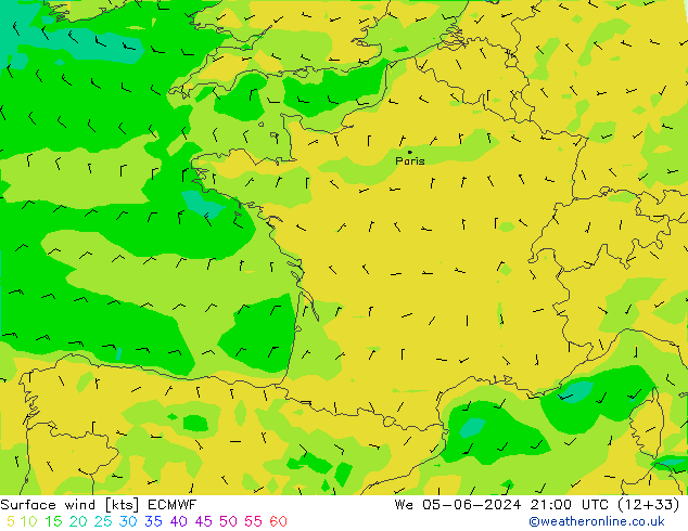 Wind 10 m ECMWF wo 05.06.2024 21 UTC