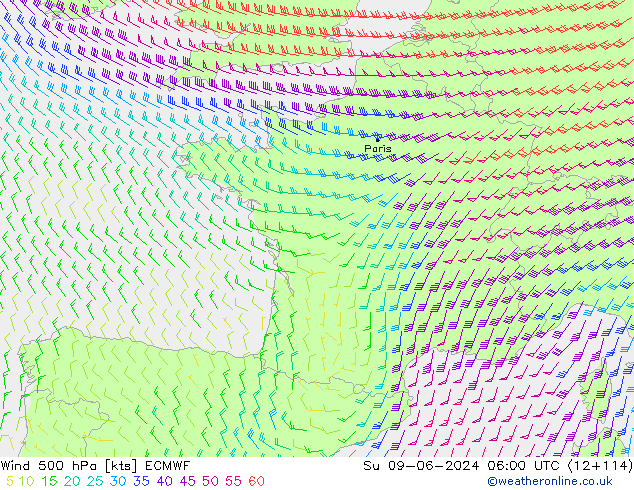 Wind 500 hPa ECMWF Su 09.06.2024 06 UTC