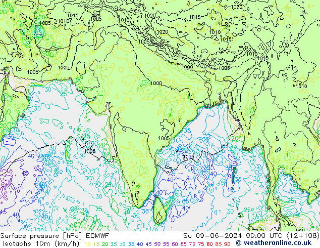 Eşrüzgar Hızları (km/sa) ECMWF Paz 09.06.2024 00 UTC