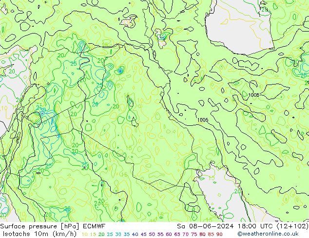 Isotachs (kph) ECMWF сб 08.06.2024 18 UTC