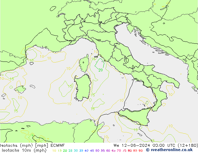 Isotachs (mph) ECMWF mer 12.06.2024 00 UTC