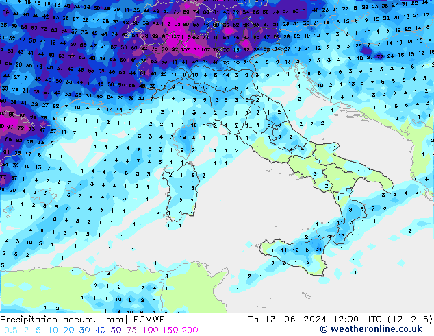 Precipitation accum. ECMWF Čt 13.06.2024 12 UTC