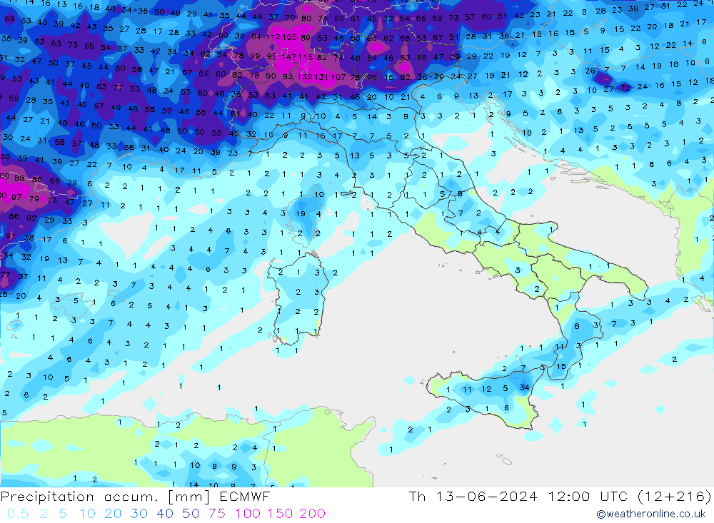 Precipitation accum. ECMWF Čt 13.06.2024 12 UTC