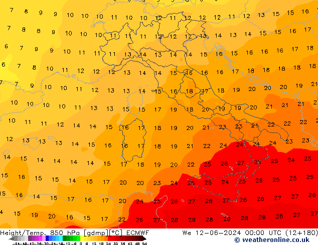 Yükseklik/Sıc. 850 hPa ECMWF Çar 12.06.2024 00 UTC