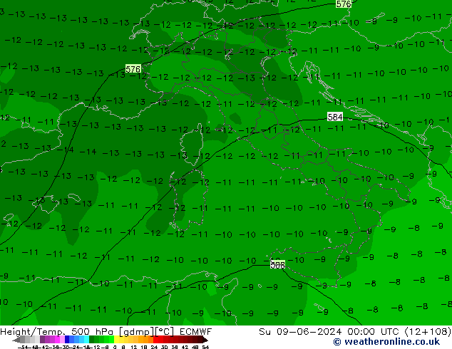 Yükseklik/Sıc. 500 hPa ECMWF Paz 09.06.2024 00 UTC