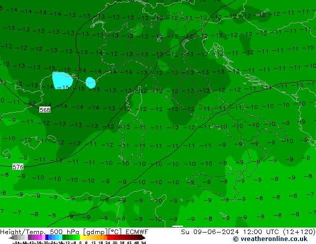 Z500/Regen(+SLP)/Z850 ECMWF zo 09.06.2024 12 UTC