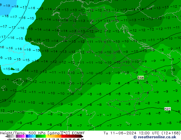 Z500/Rain (+SLP)/Z850 ECMWF wto. 11.06.2024 12 UTC