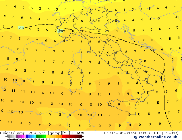 Height/Temp. 700 hPa ECMWF Pá 07.06.2024 00 UTC